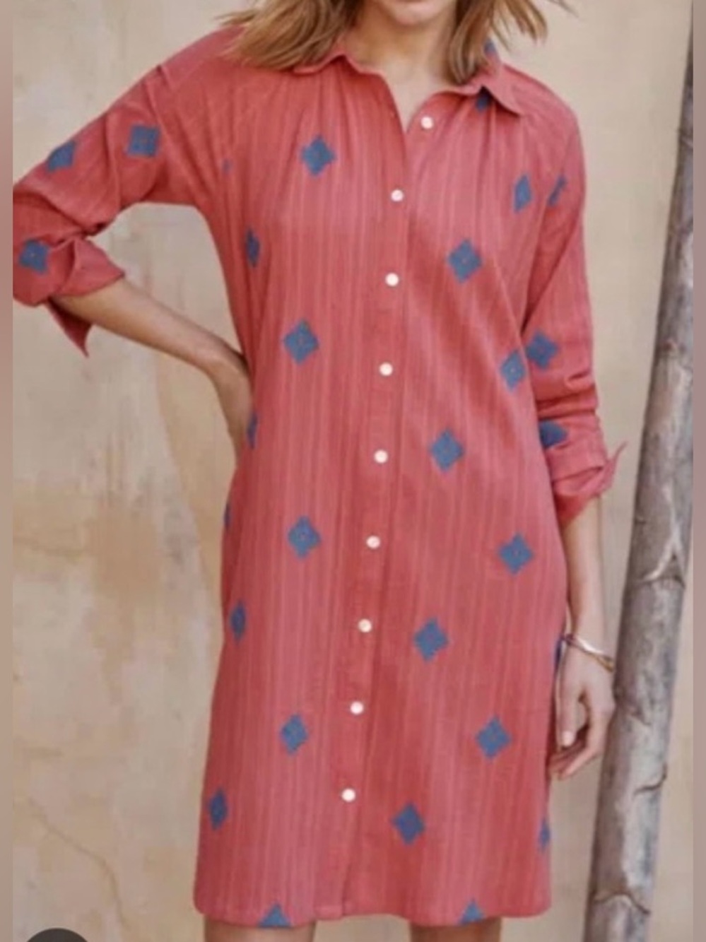 Pure Jill Coral with Blue Embroidered Print Shirt Dress - Size XSP